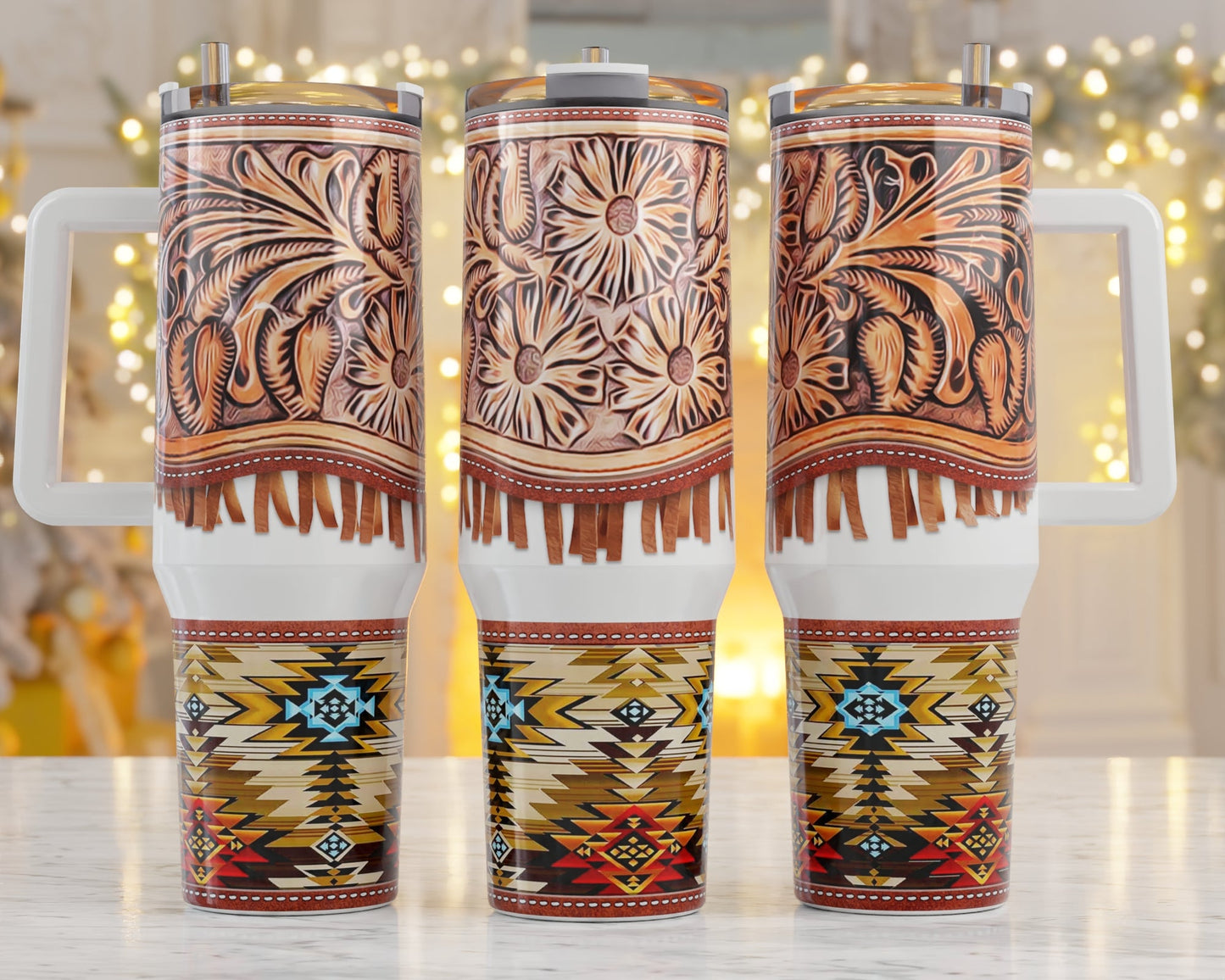 Tulle Leather Look Western Themed 40 oz. Stainless steel tumblers