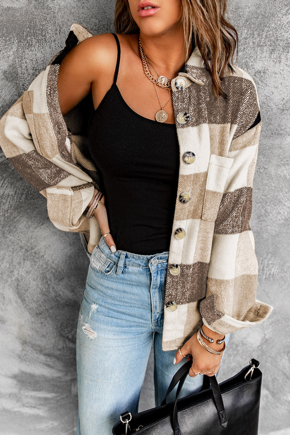 Plaid Colorblock Button-Up Long Sleeve Pocketed Shacket