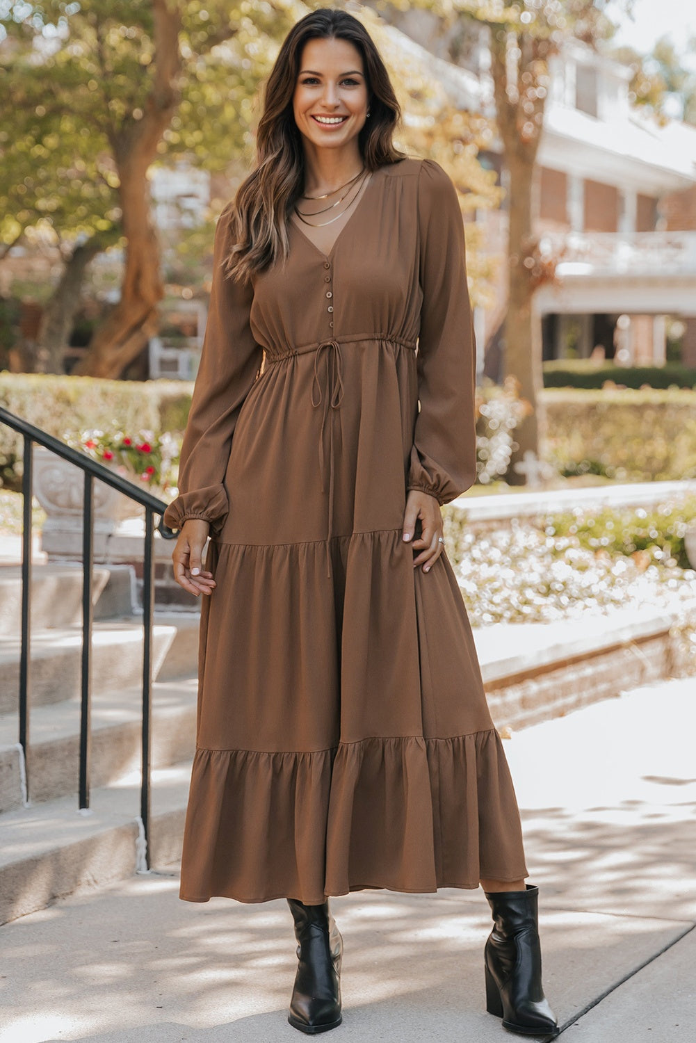 Solid Buttoned V-Neck Long Sleeve Tiered Maxi Dress