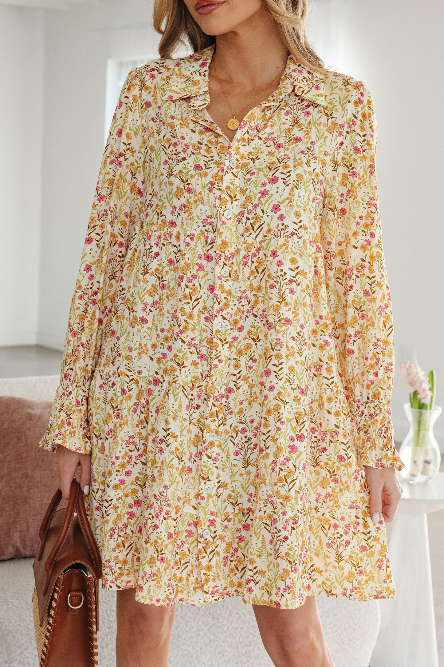 Floral Frilled Trim Smocked Cuff Dress