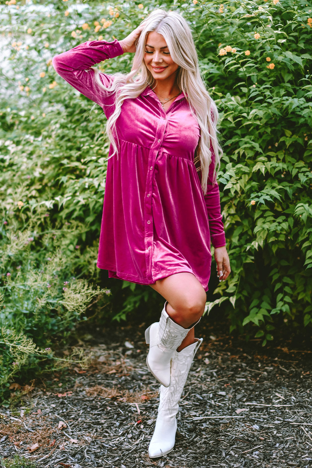 Velvet Button-Up Long Sleeve Ruffle Dress
