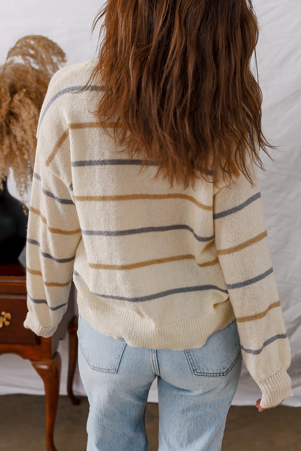 Stripe Ribbed Trim Drop Shoulder Sweater