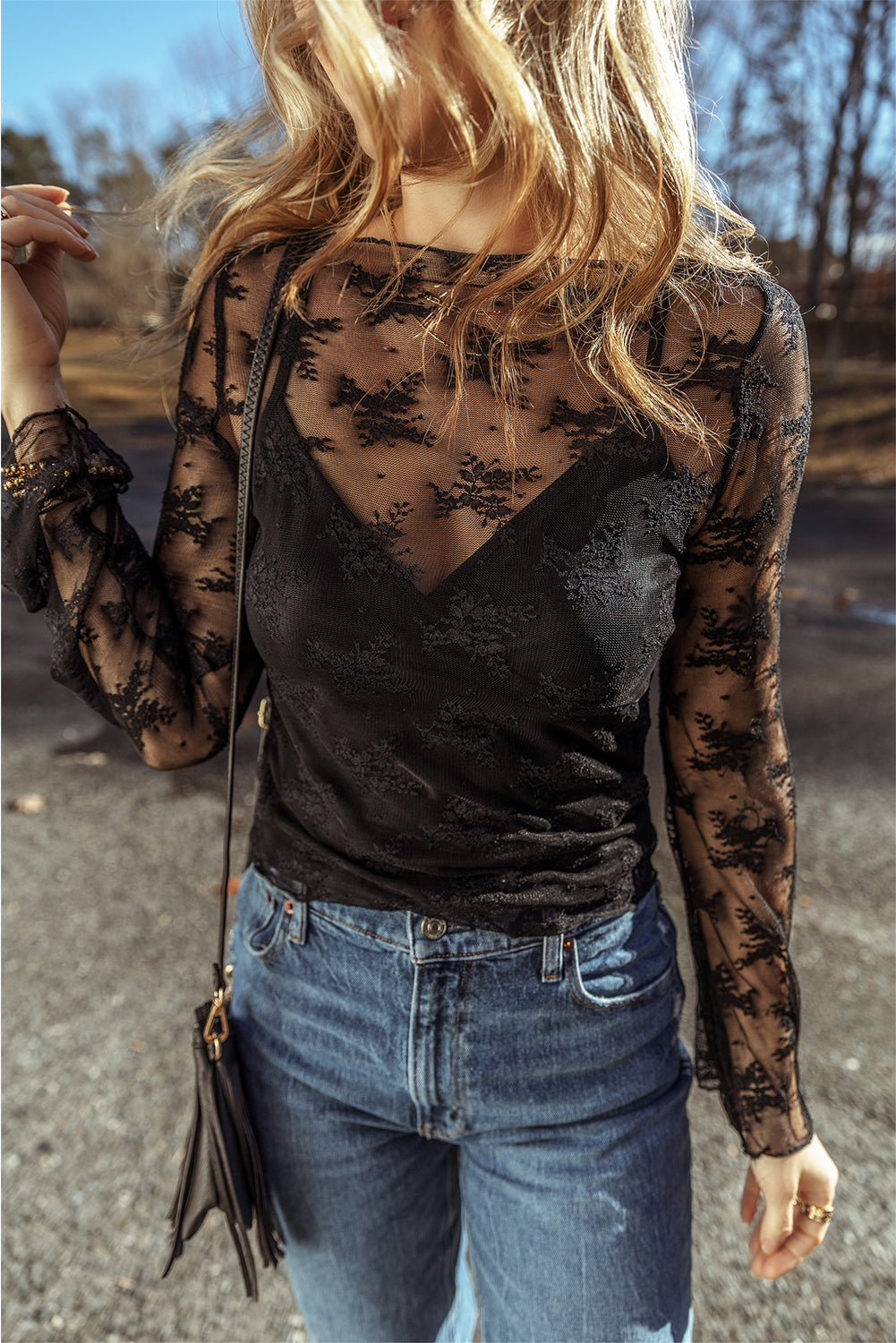 Lace Mesh Sheer Long Sleeve Blouse
