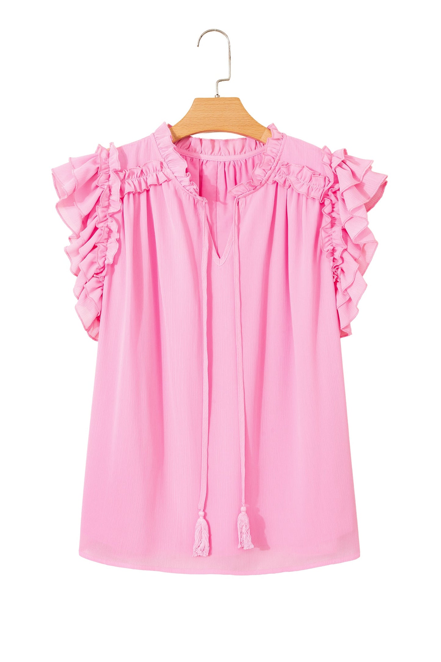 Plus Size Solid Ruffle Tassel Tie V-Neck Blouse