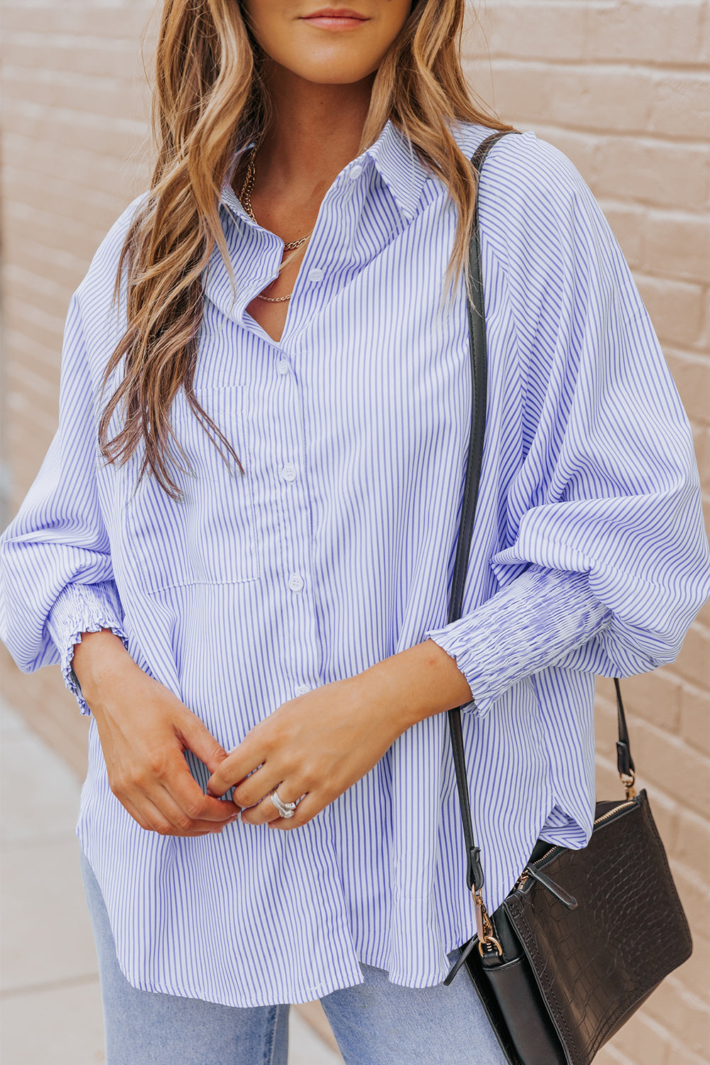 Stripe Smocked Button-Up Shirt