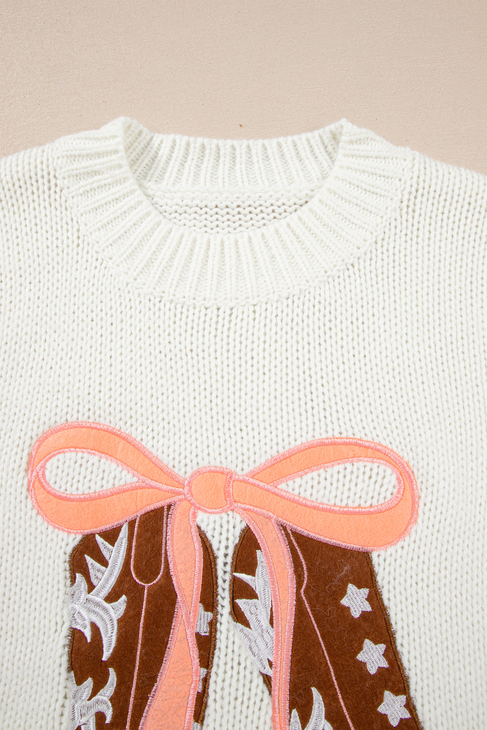 Western Bow Boots Embroidered Drop Shoulder Sweater