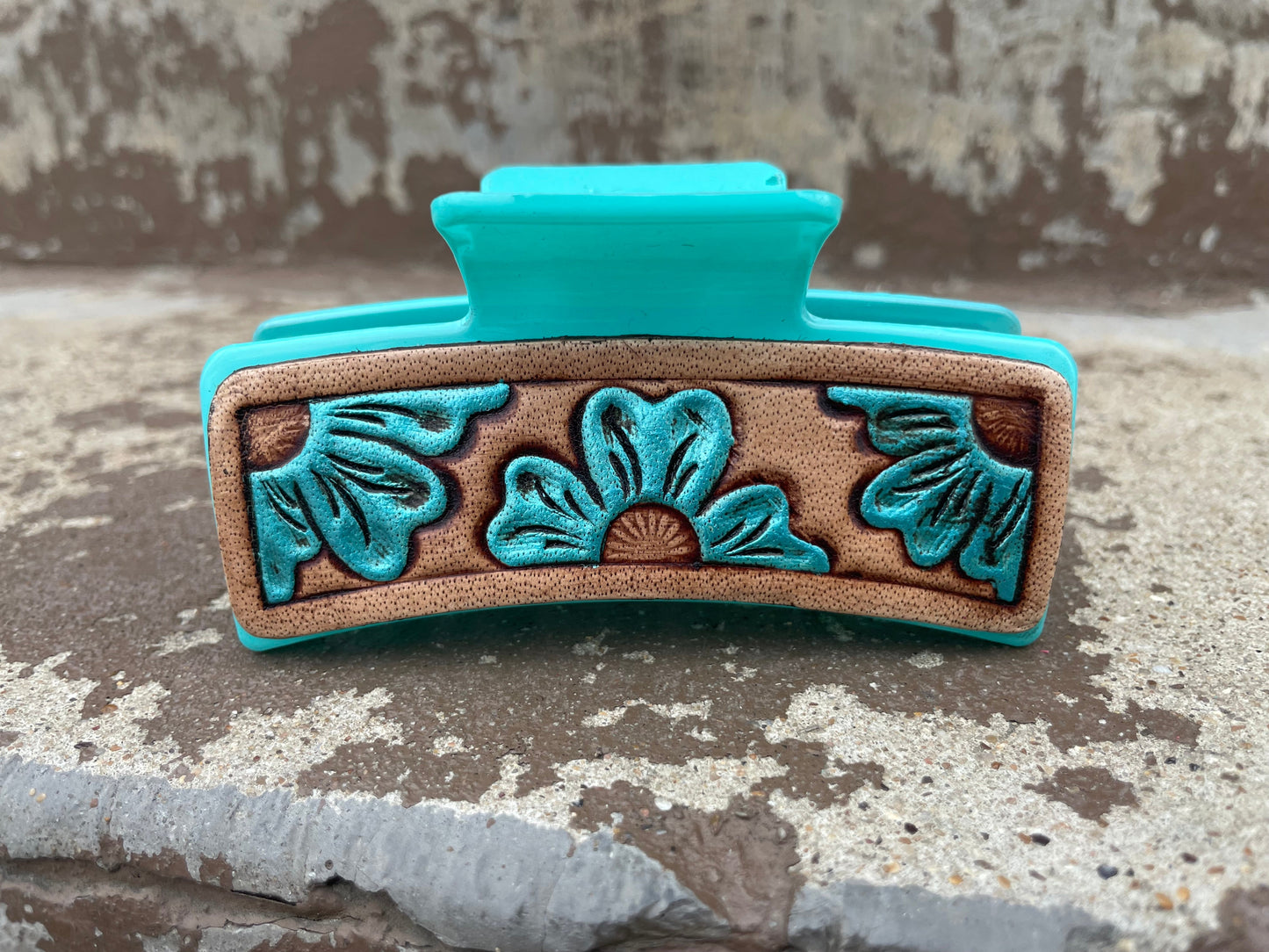 Turquoise Flowers Tooled Leather Hair Claw Clips 4”