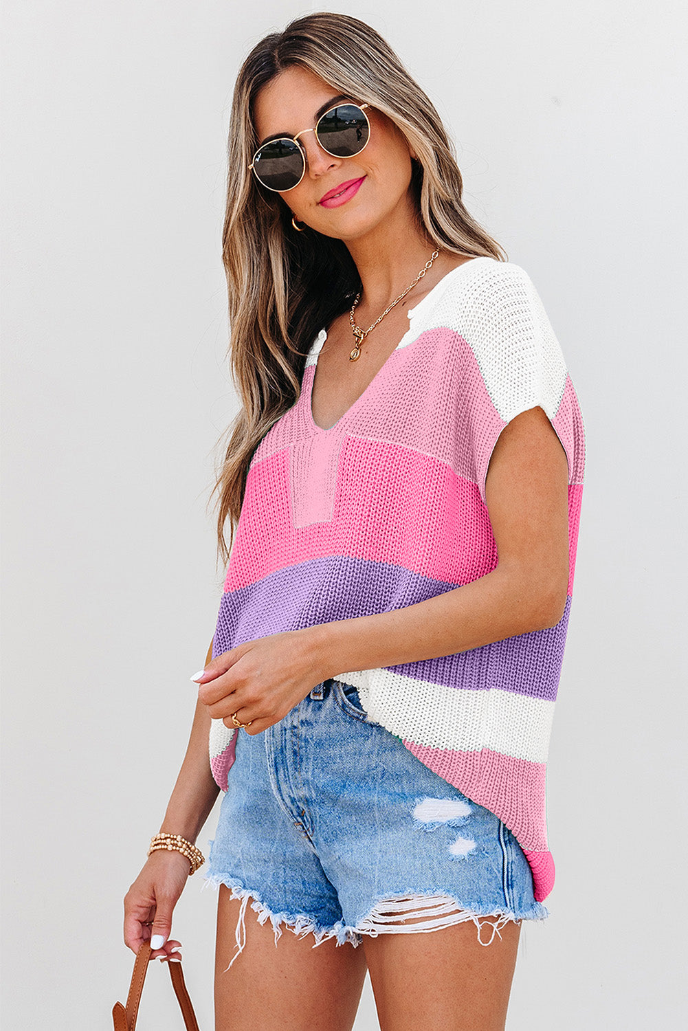 Stripe Colorblock V-Neck Sweater T-Shirt