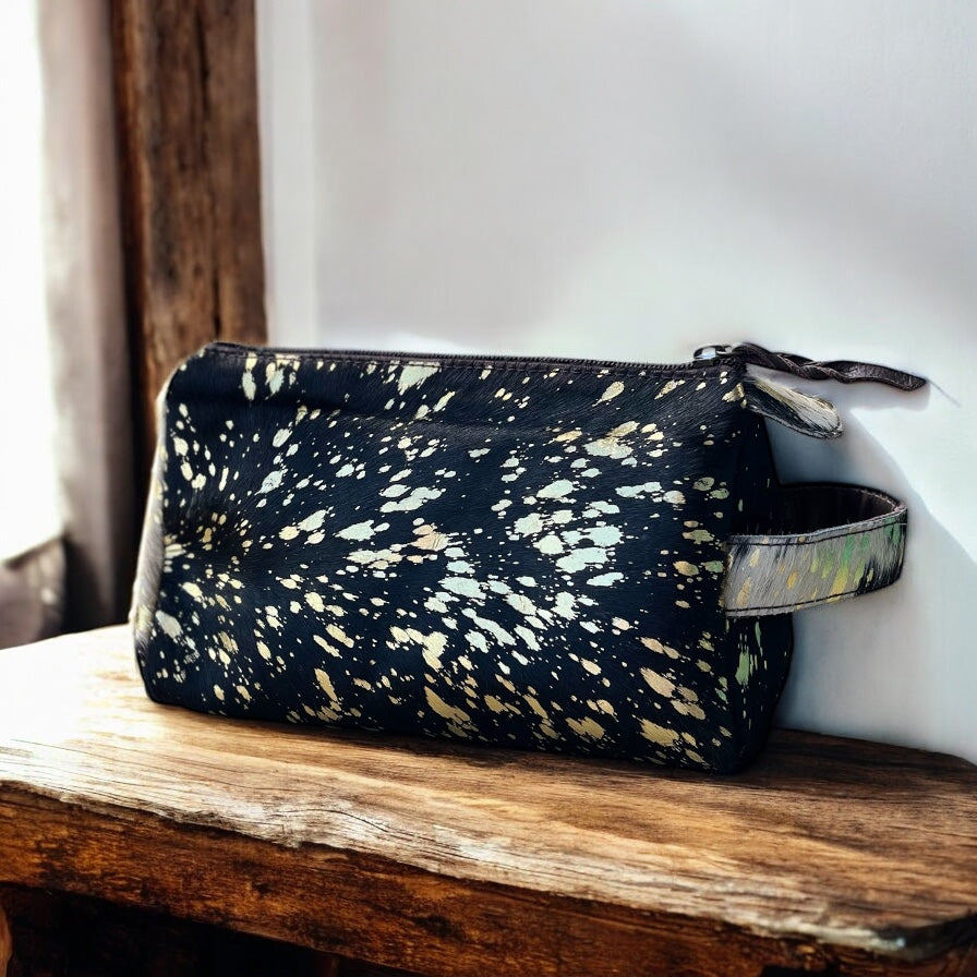 Gold cowhide acid wash toiletry bag