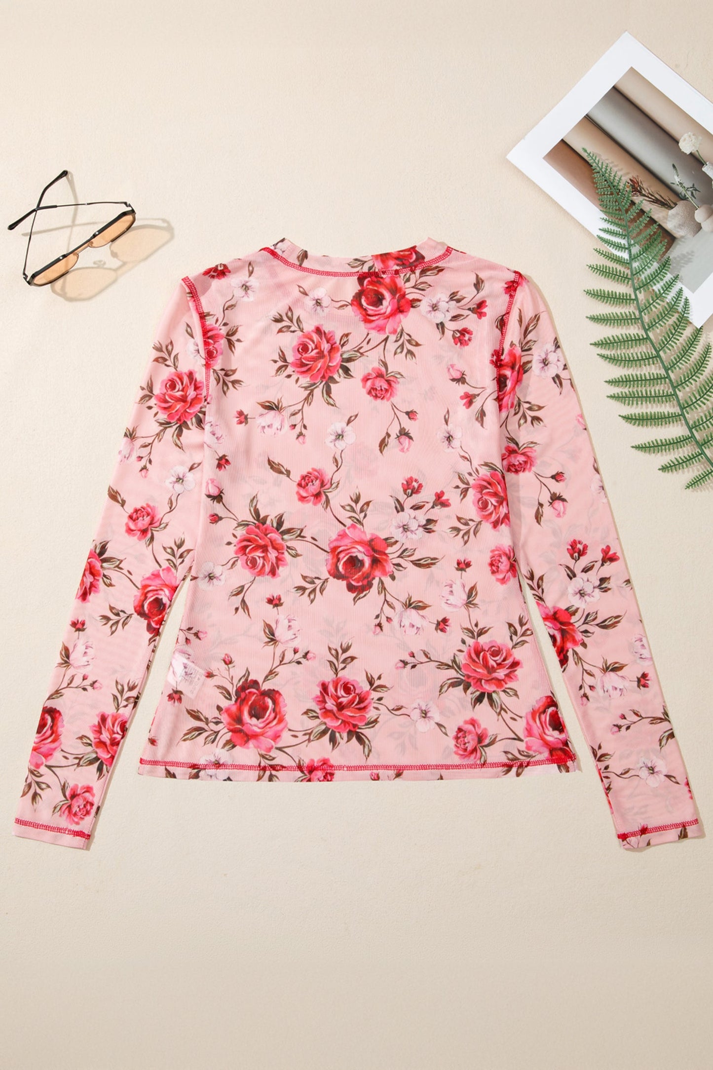 Pink Floral Print Exposed Seam Detail Mesh Long Sleeve Top