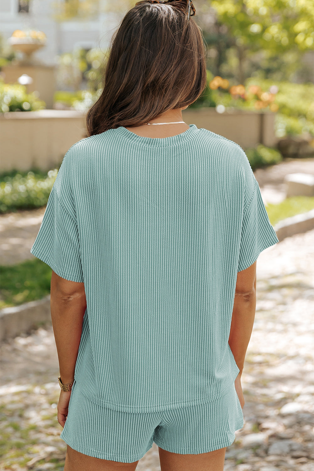 Solid Corded Short Sleeve Tee and Shorts Set