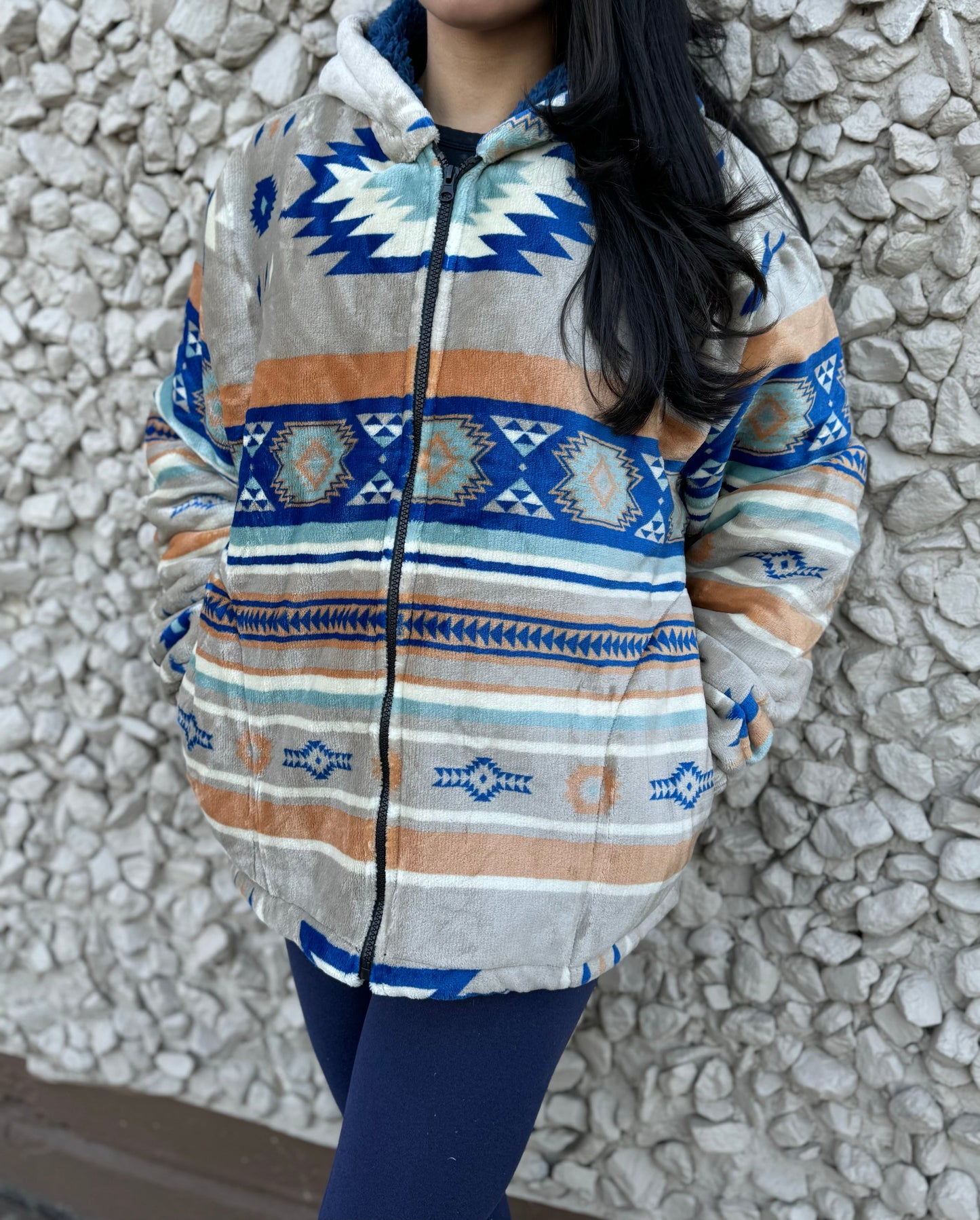Cream & Blue Western Fleece Sherpa Jacket