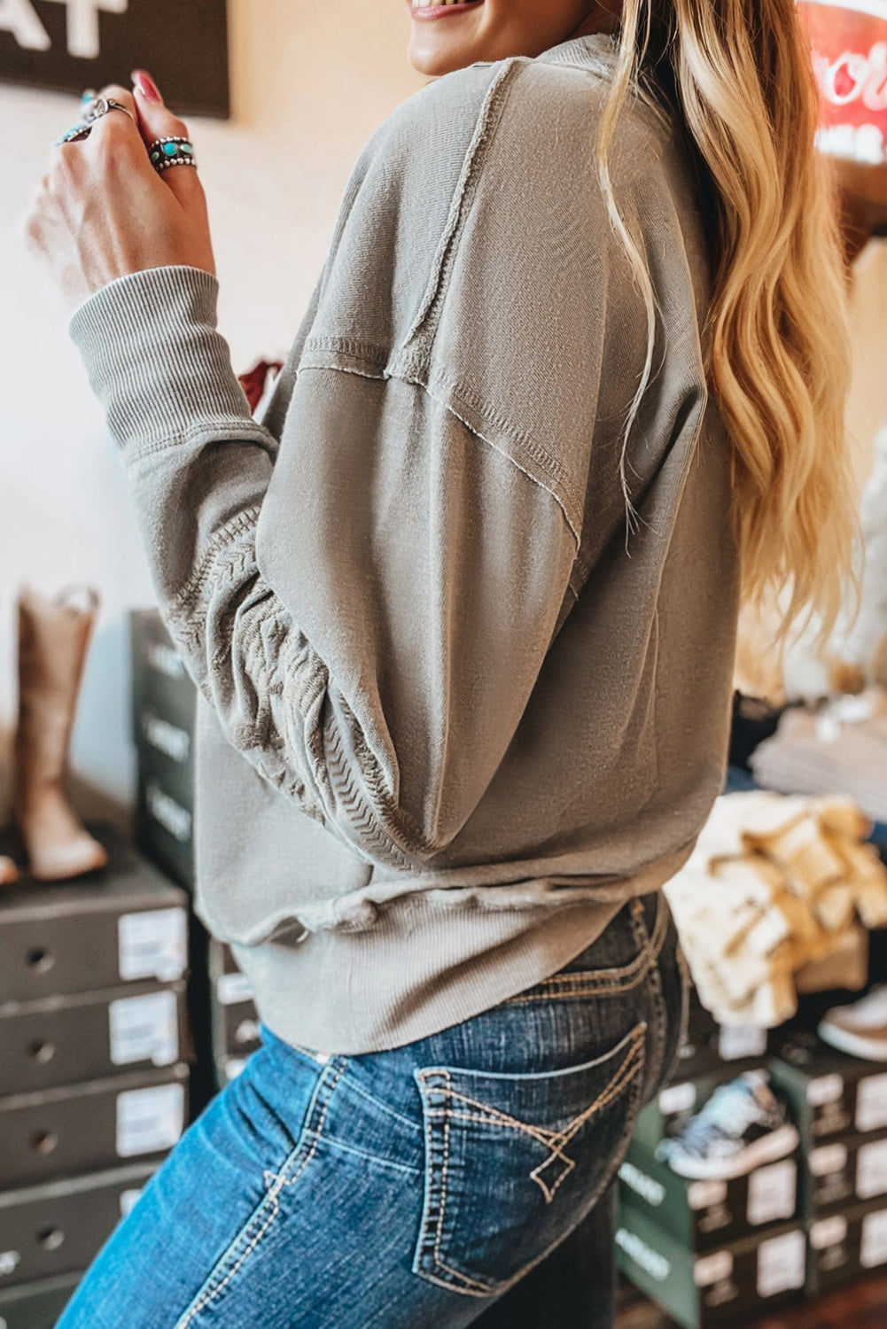 Western Aztec Embroidered Sleeve V-Neck Sweatshirt