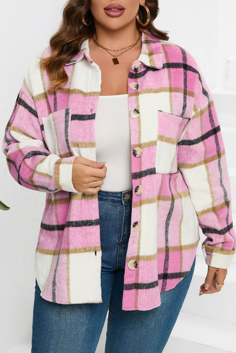 Plaid Colorblock Button-Up Long Sleeve Pocketed Shacket