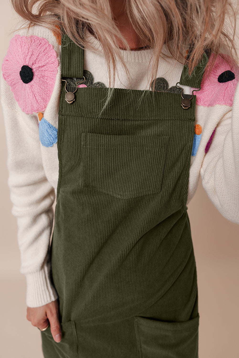 Solid Corduroy Front Pockets Sleeveless Dress