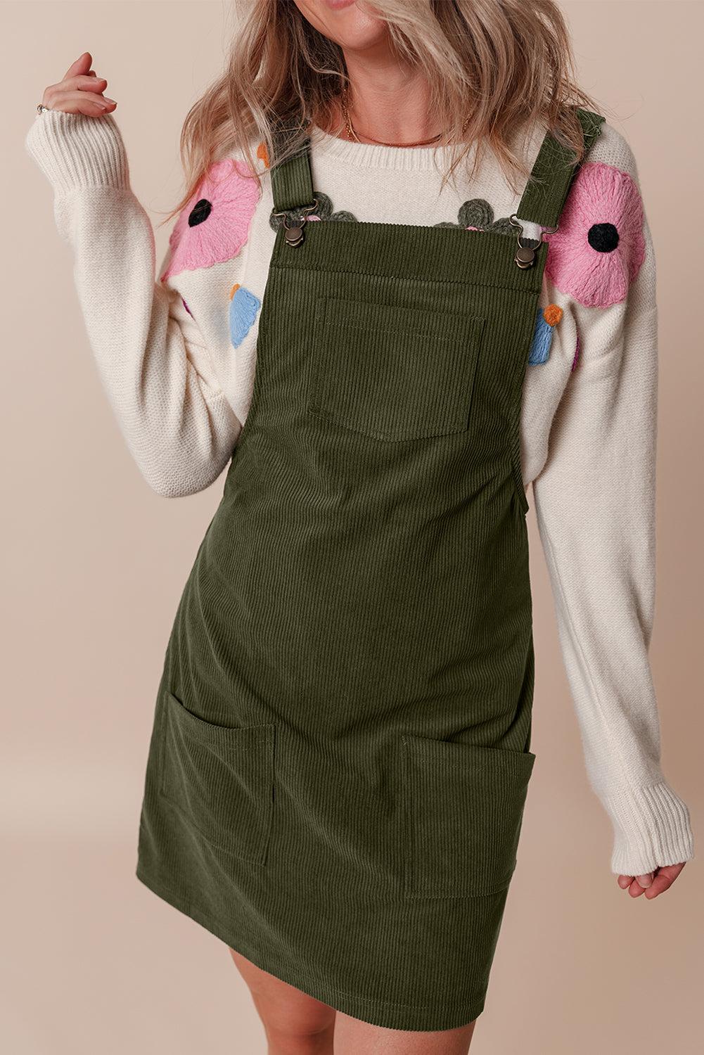 Solid Corduroy Front Pockets Sleeveless Dress
