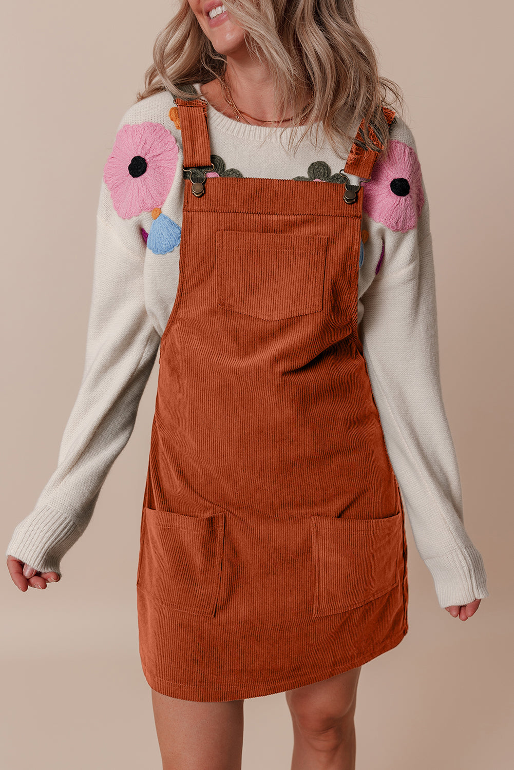 Solid Corduroy Front Pockets Sleeveless Dress