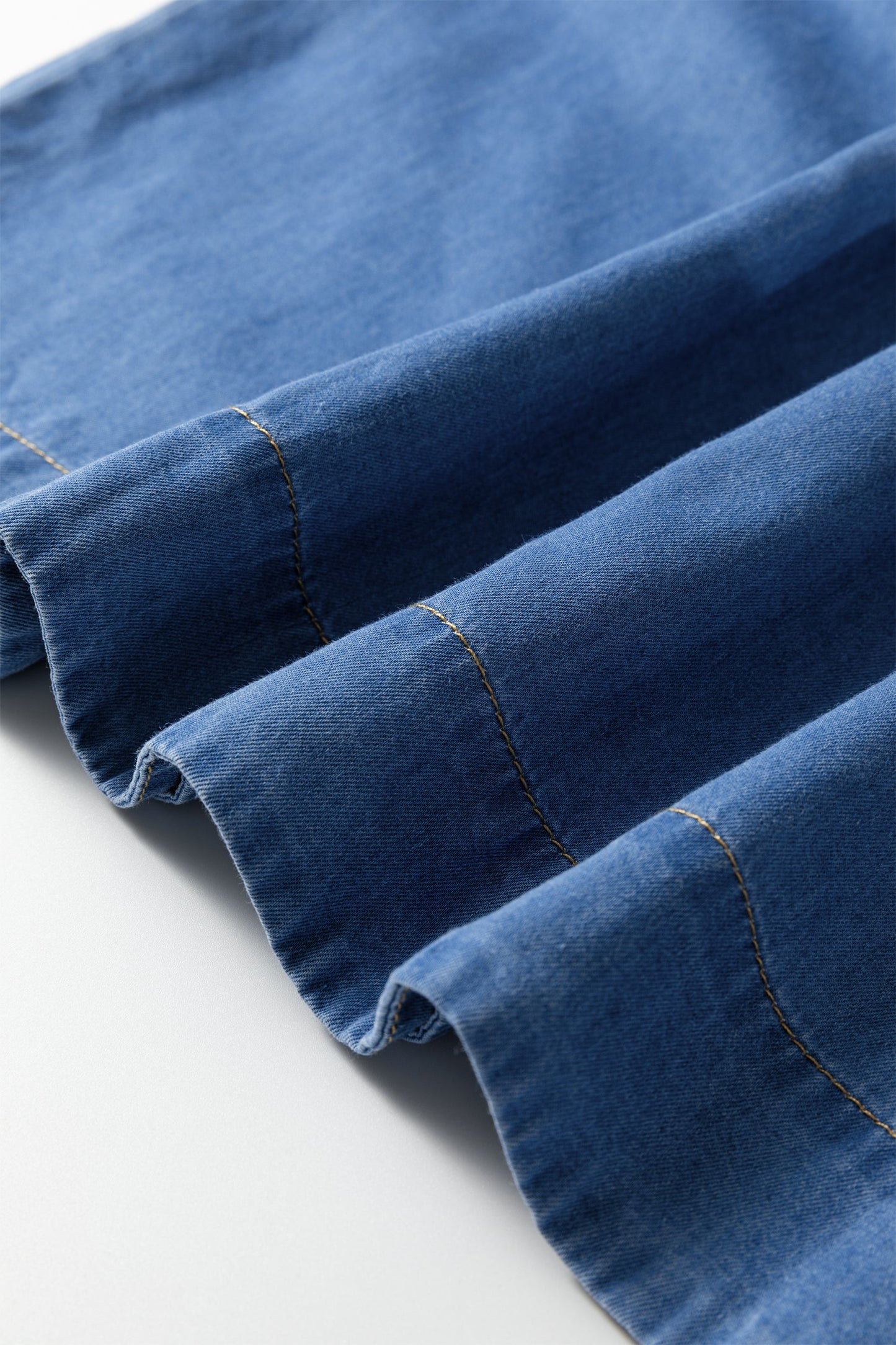 Denim Pleated Half Buttoned Short Sleeve Top