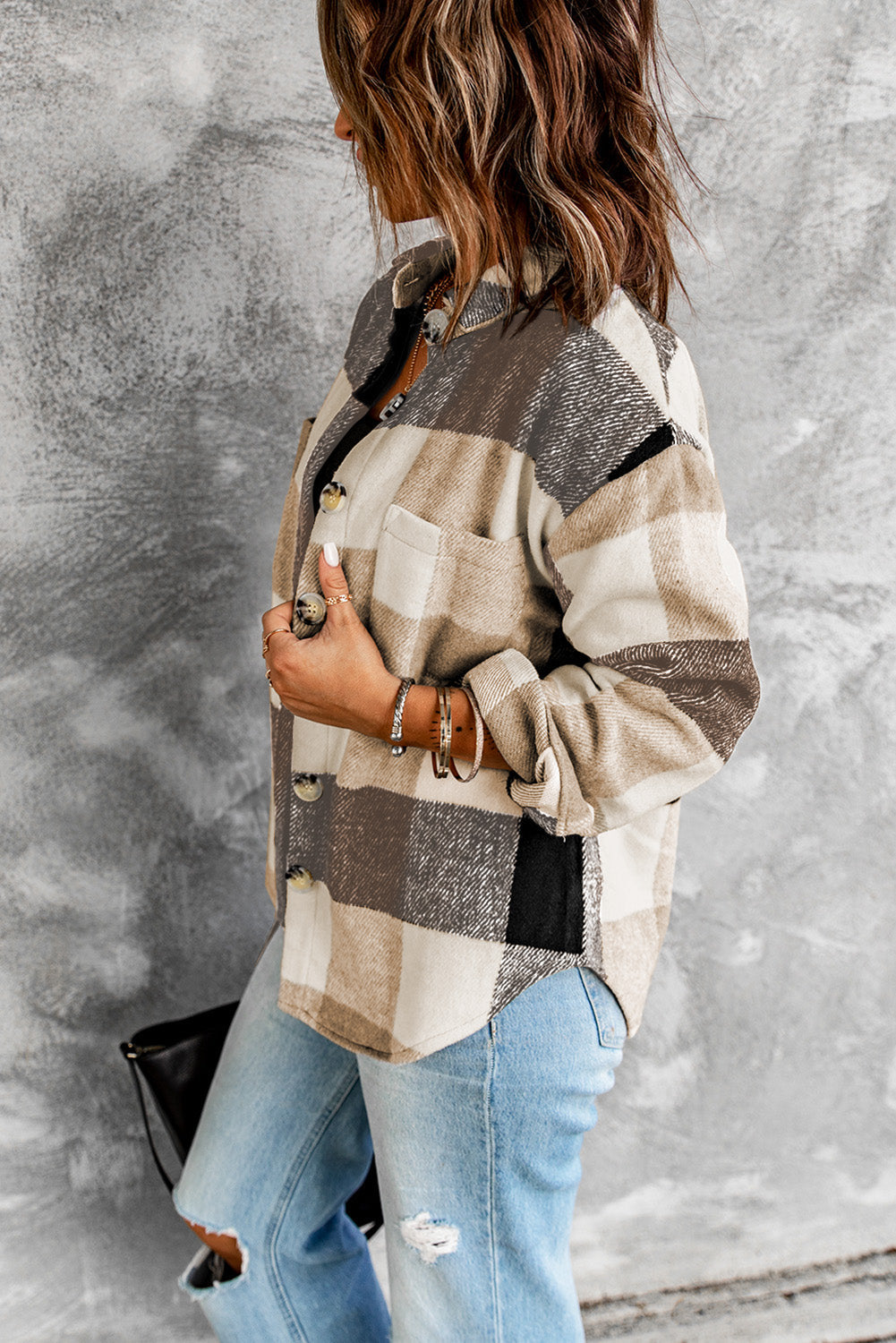 Plaid Colorblock Button-Up Long Sleeve Pocketed Shacket