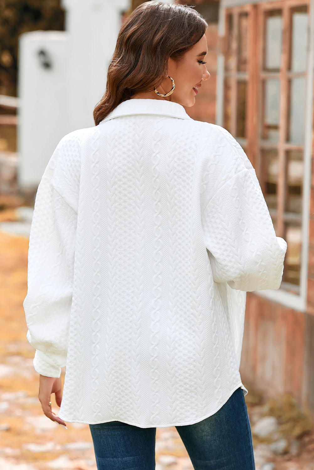 Solid Cable Knit Textured Puff Sleeve Shacket