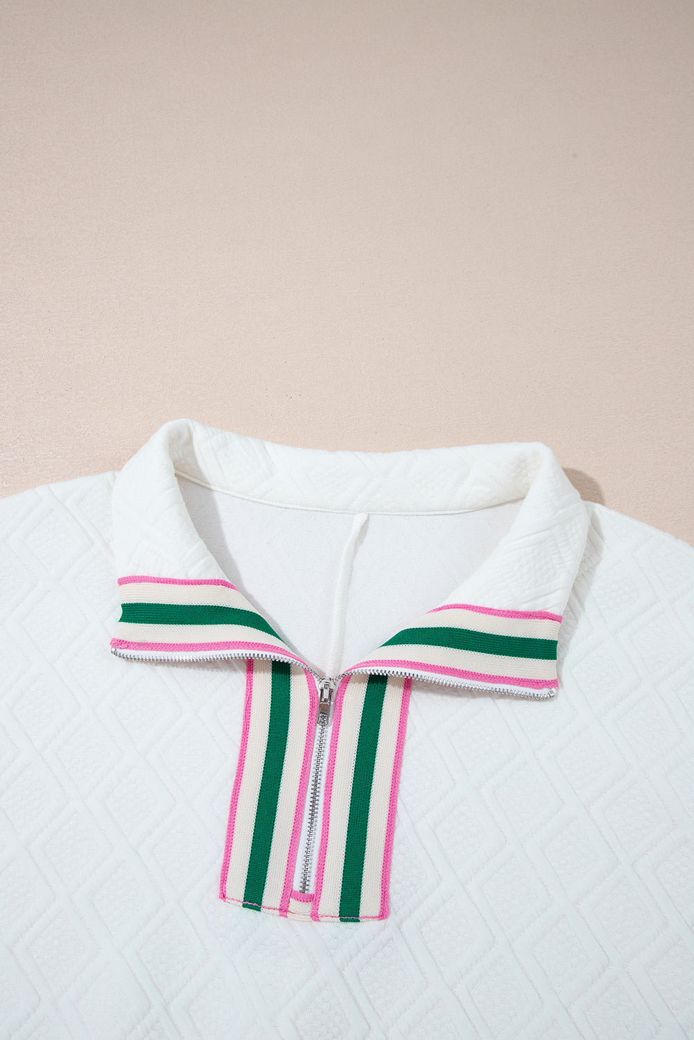Contrast Stripe Collar Textured Short Sleeve Blouse