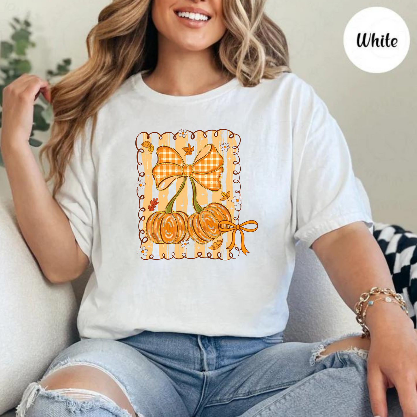 “Cherry” Pumpkins with Stripe Background Graphic Tee