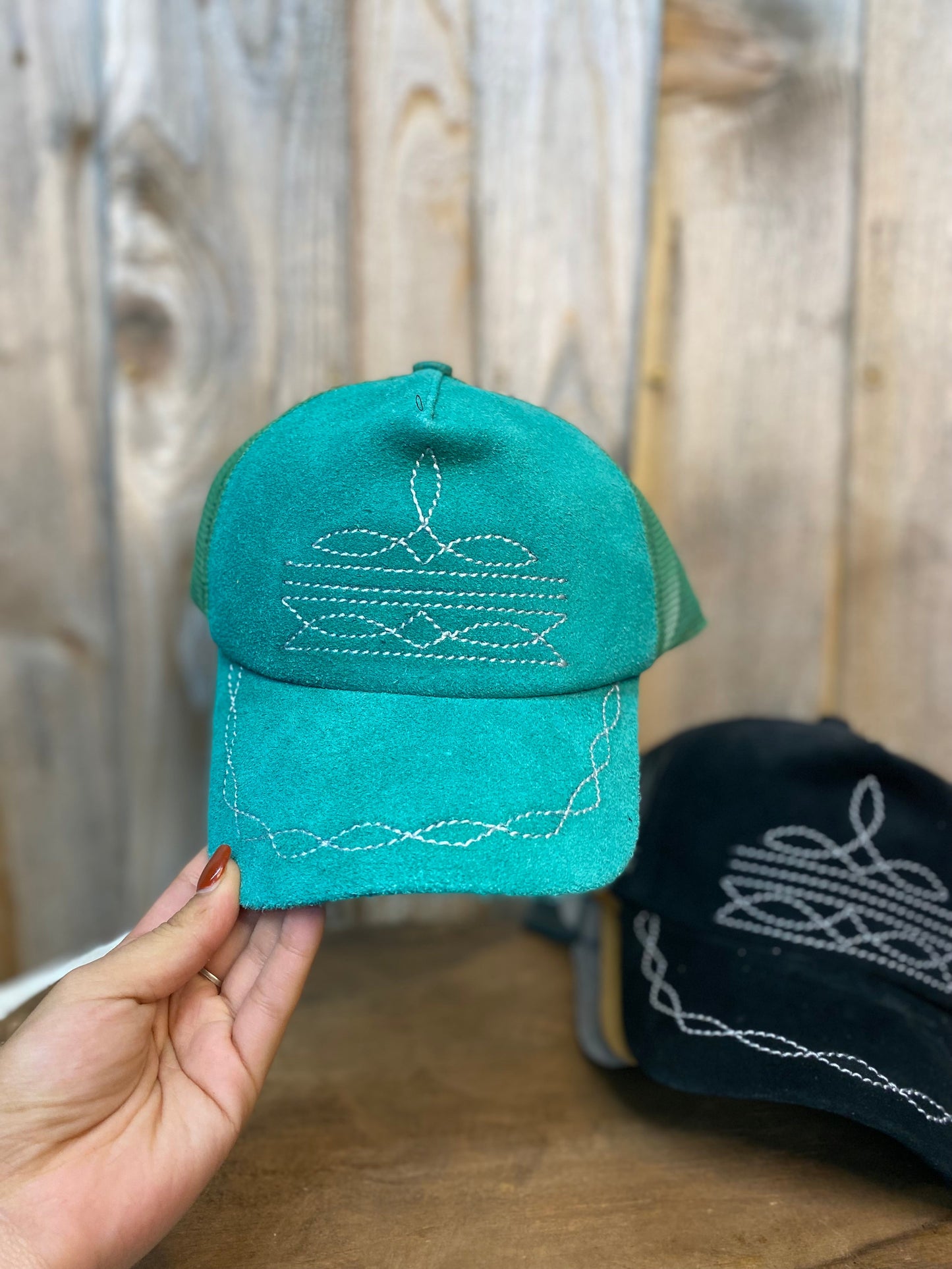 Turquoise BootStitch Suede Leather Cap