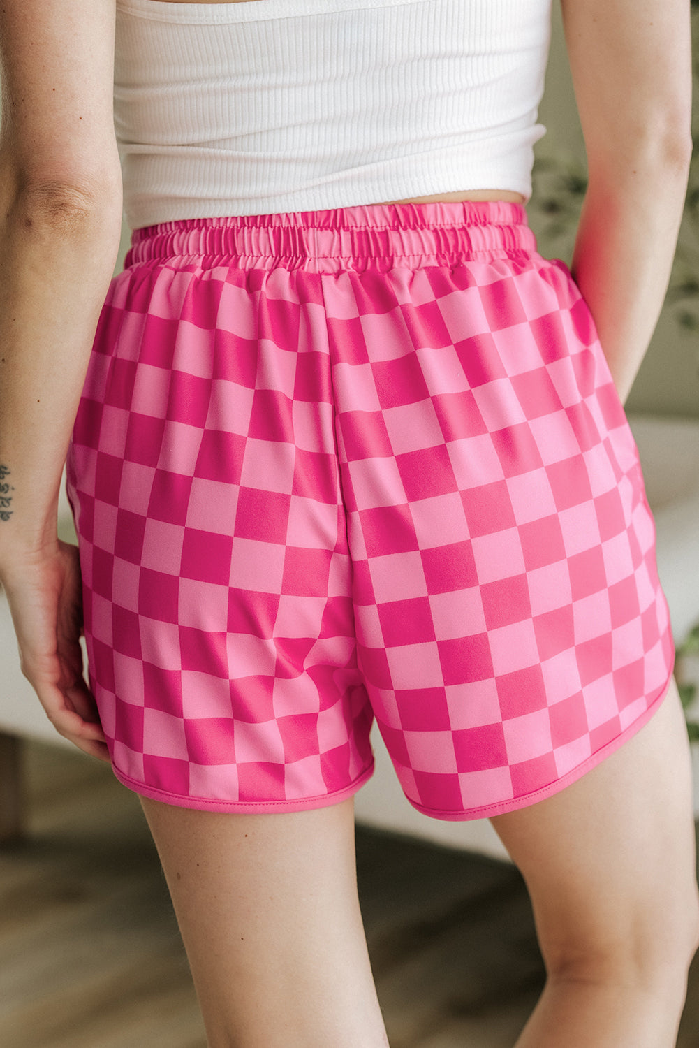 Checker Drawstring Elastic Waist Shorts