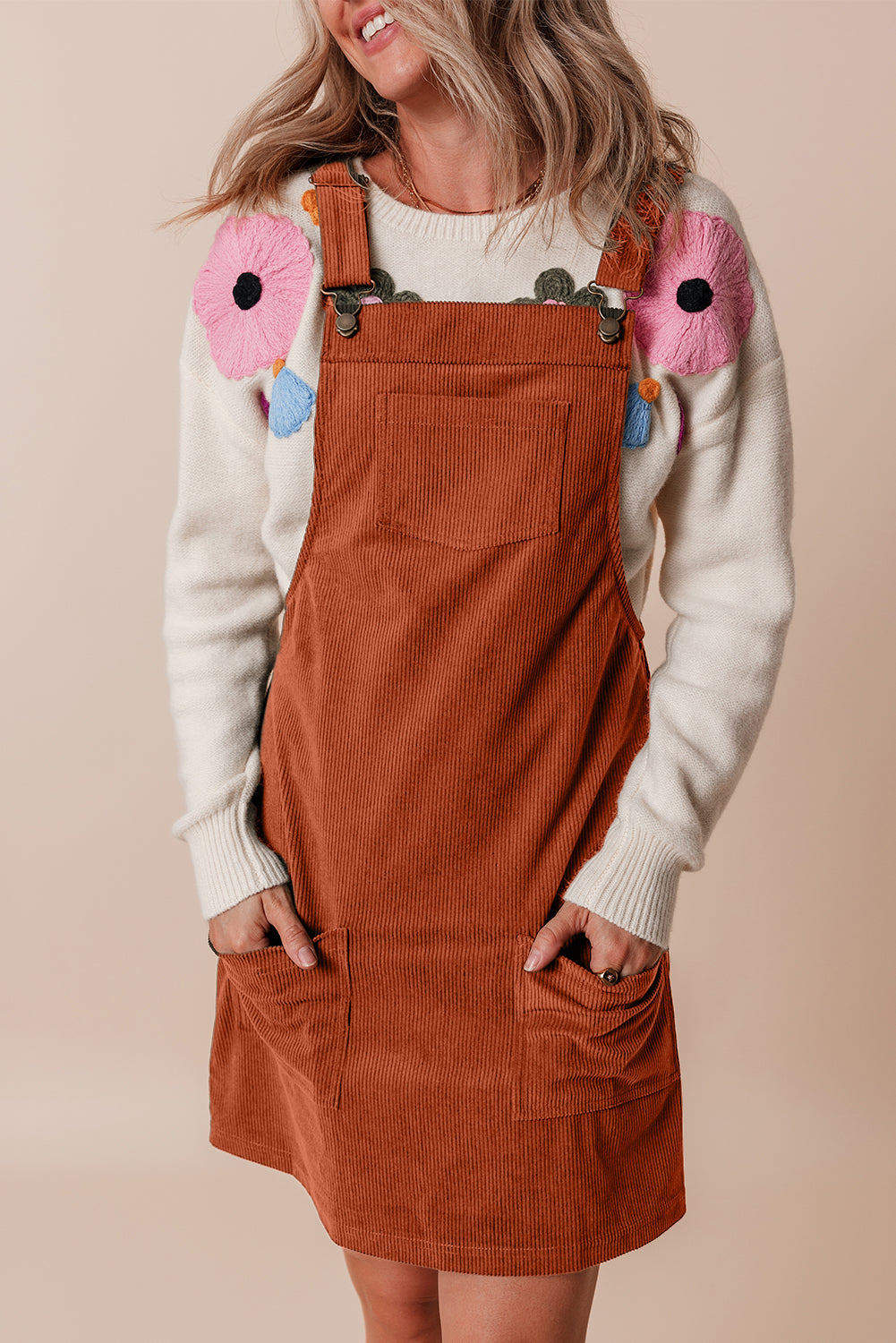 Solid Corduroy Front Pockets Sleeveless Dress