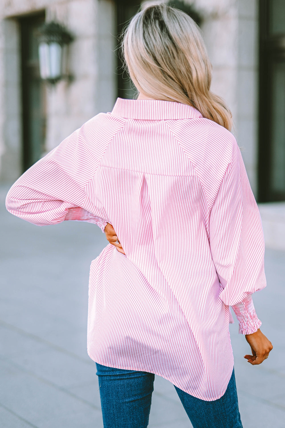 Stripe Smocked Button-Up Shirt