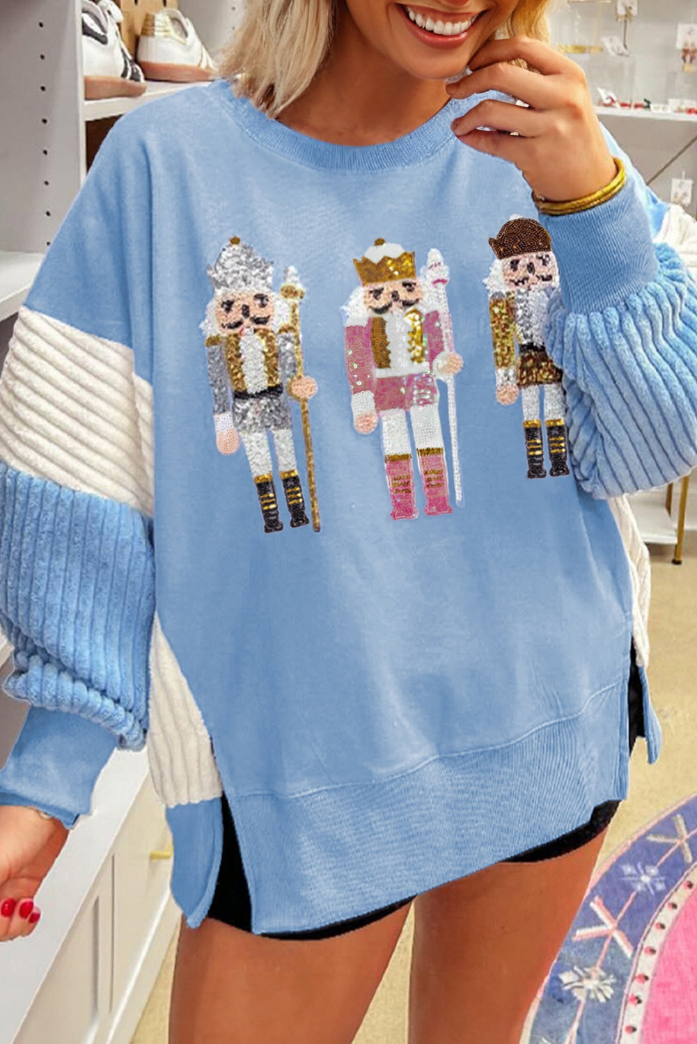 Nutcracker Sequin Colorblock Textured Christmas Sweatshirt