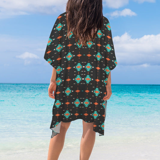 Black Turquoise Orange Aztec Duster Kimono Coverup