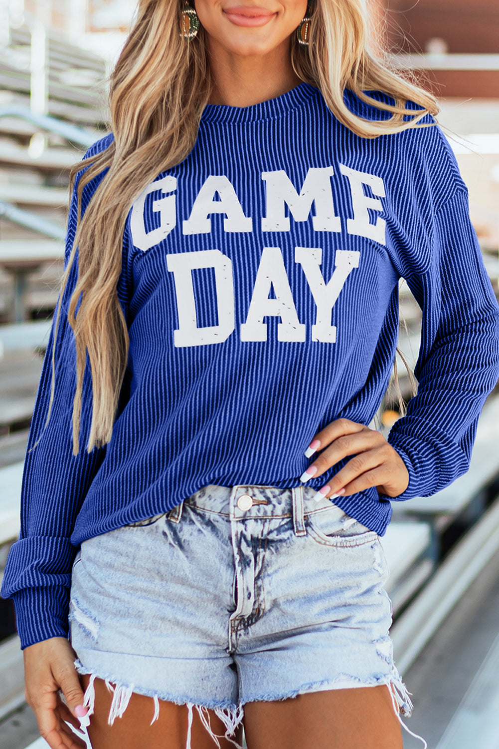 GAME DAY Textured Long Sleeve Crewneck Top ( This is. Drop ship and NOT available for pick up )