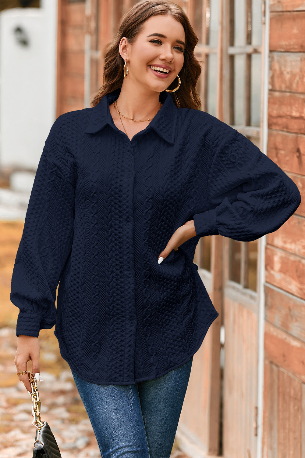 Solid Cable Knit Textured Puff Sleeve Shacket