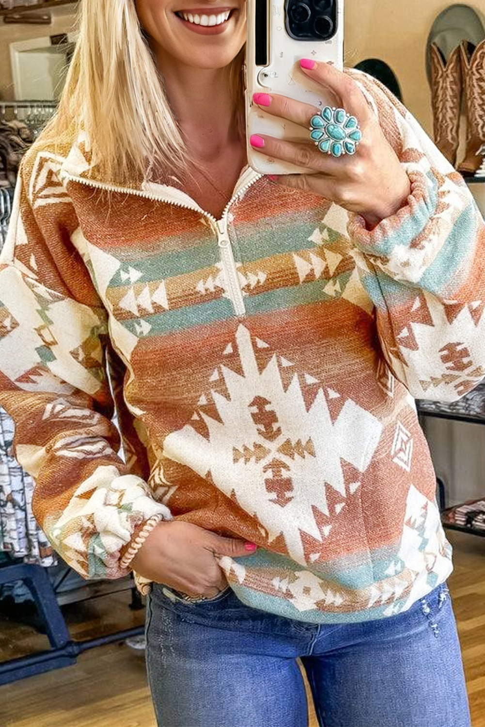 Western Aztec Quarter-Zip Elastic Cuffs Sweatshirt