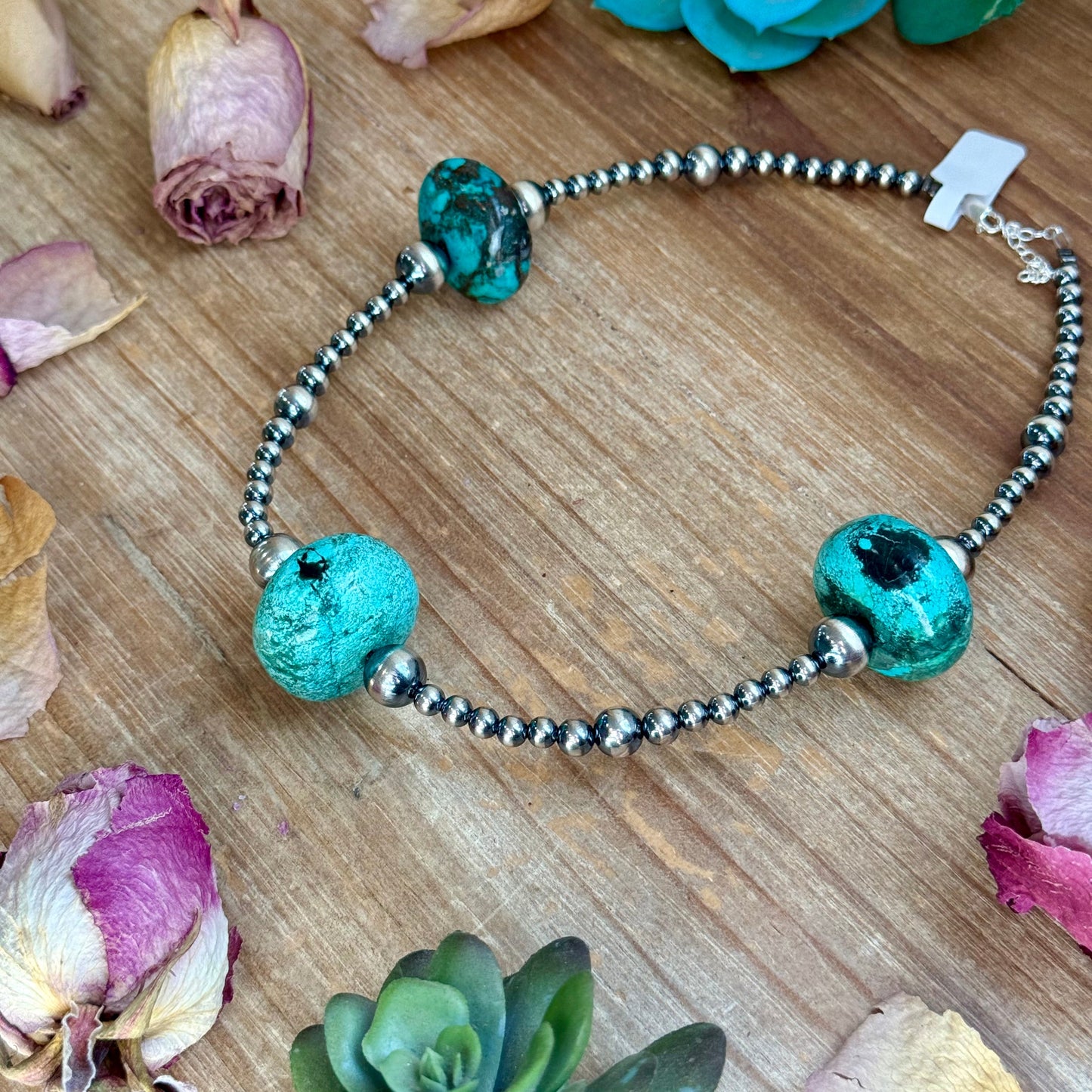 16” Turquoise Rondelle Necklace – Sterling Silver Pearls