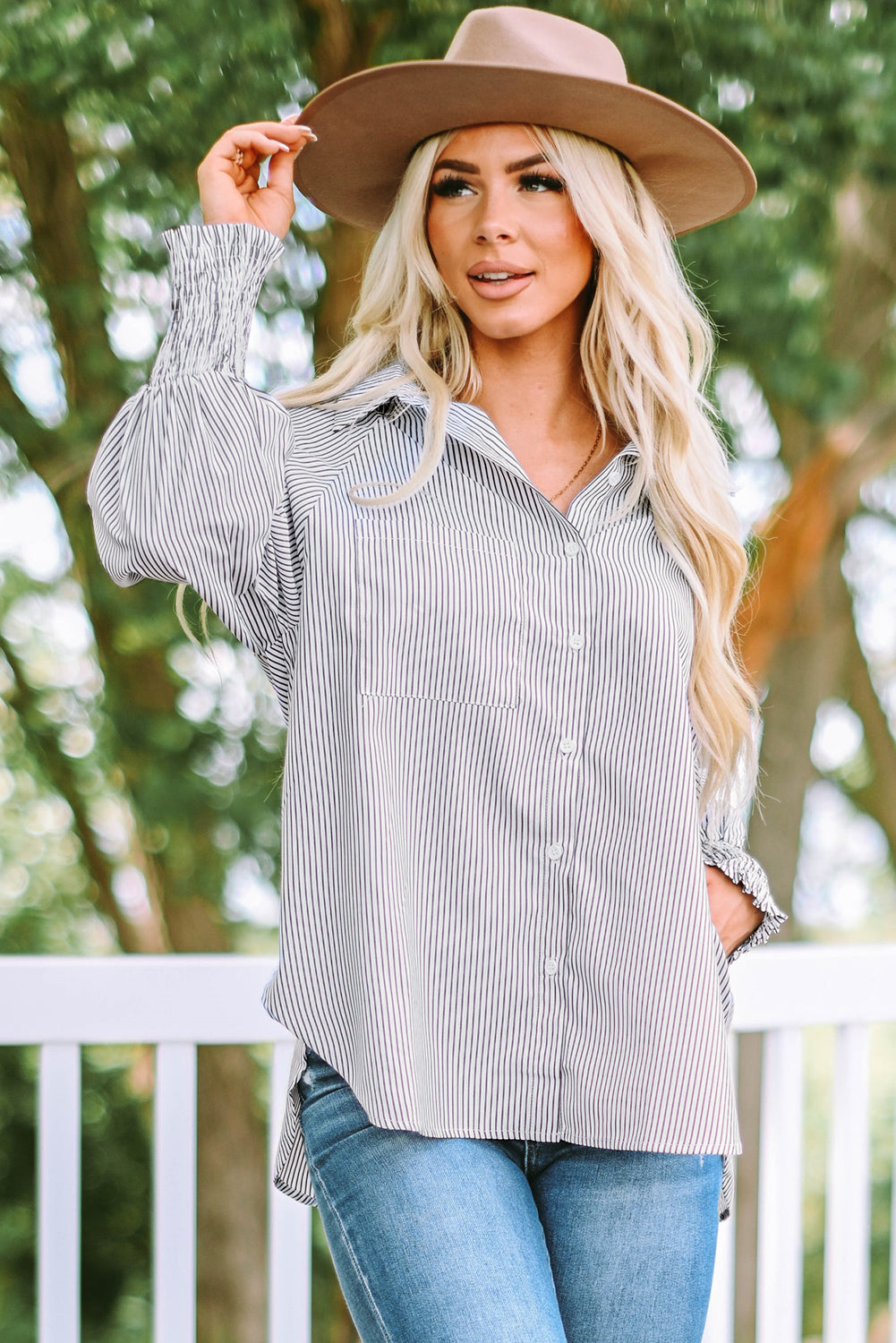 Stripe Smocked Button-Up Shirt