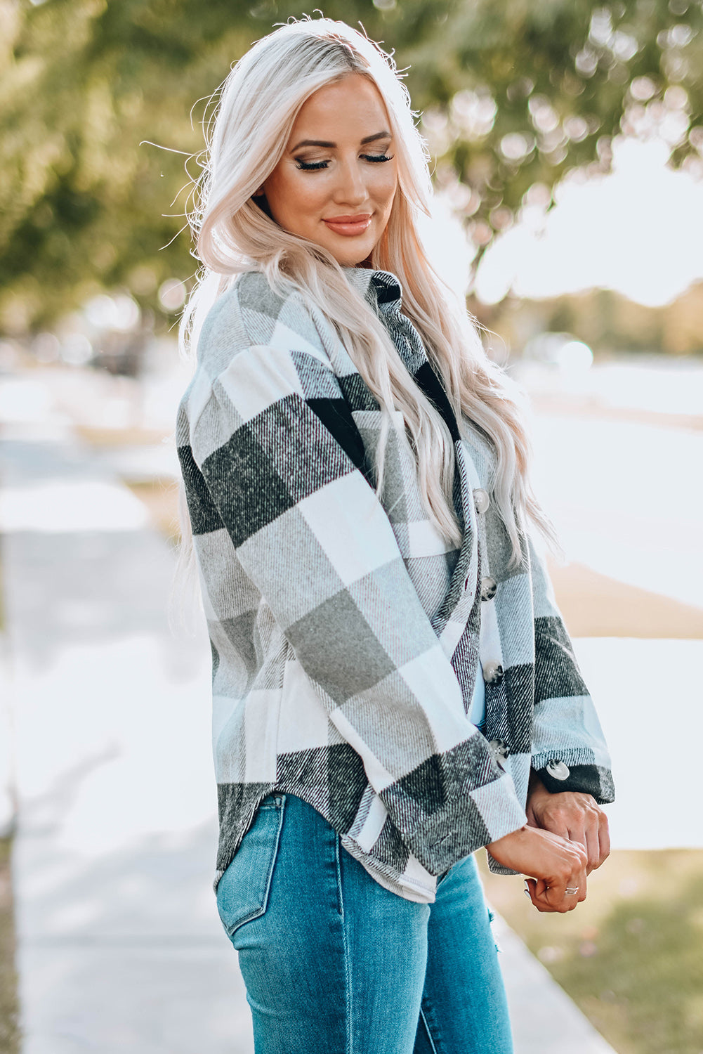 Plaid Colorblock Button-Up Long Sleeve Pocketed Shacket