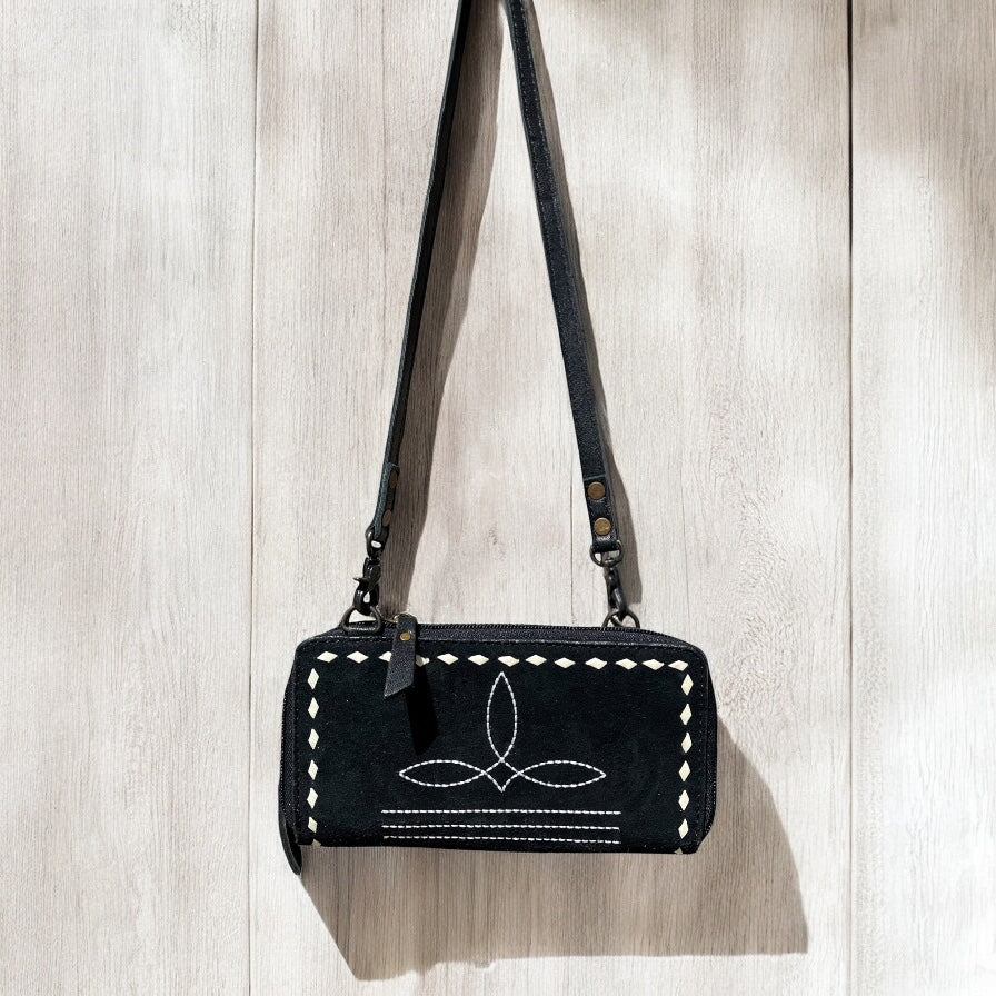 Black BootStitch suede leather crossbody wallet