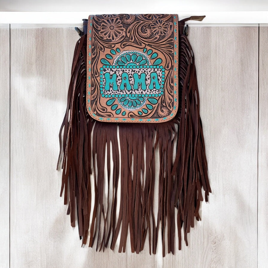 Mama tooled fringe crossbody bag