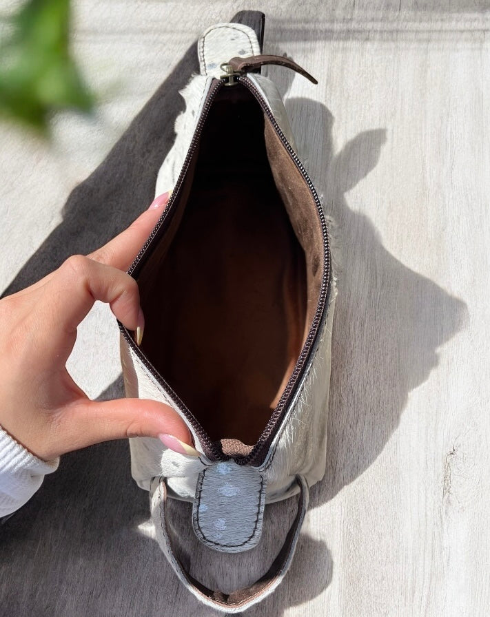 Silver cowhide acid wash toiletry bag
