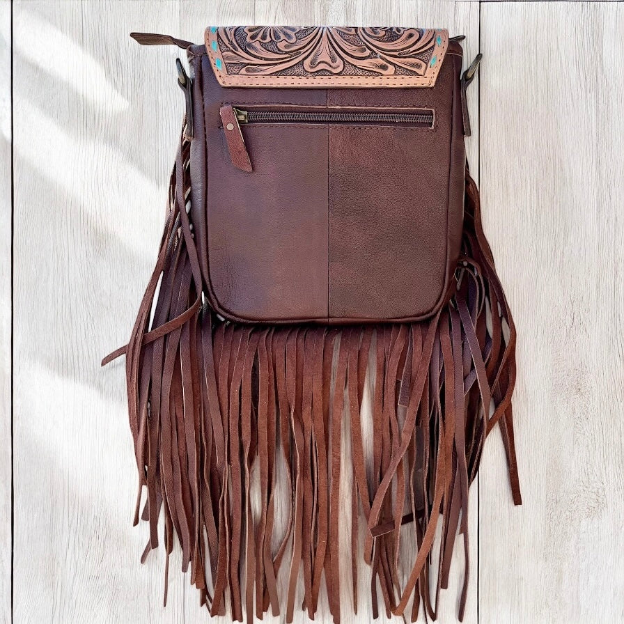 Mama tooled fringe crossbody bag
