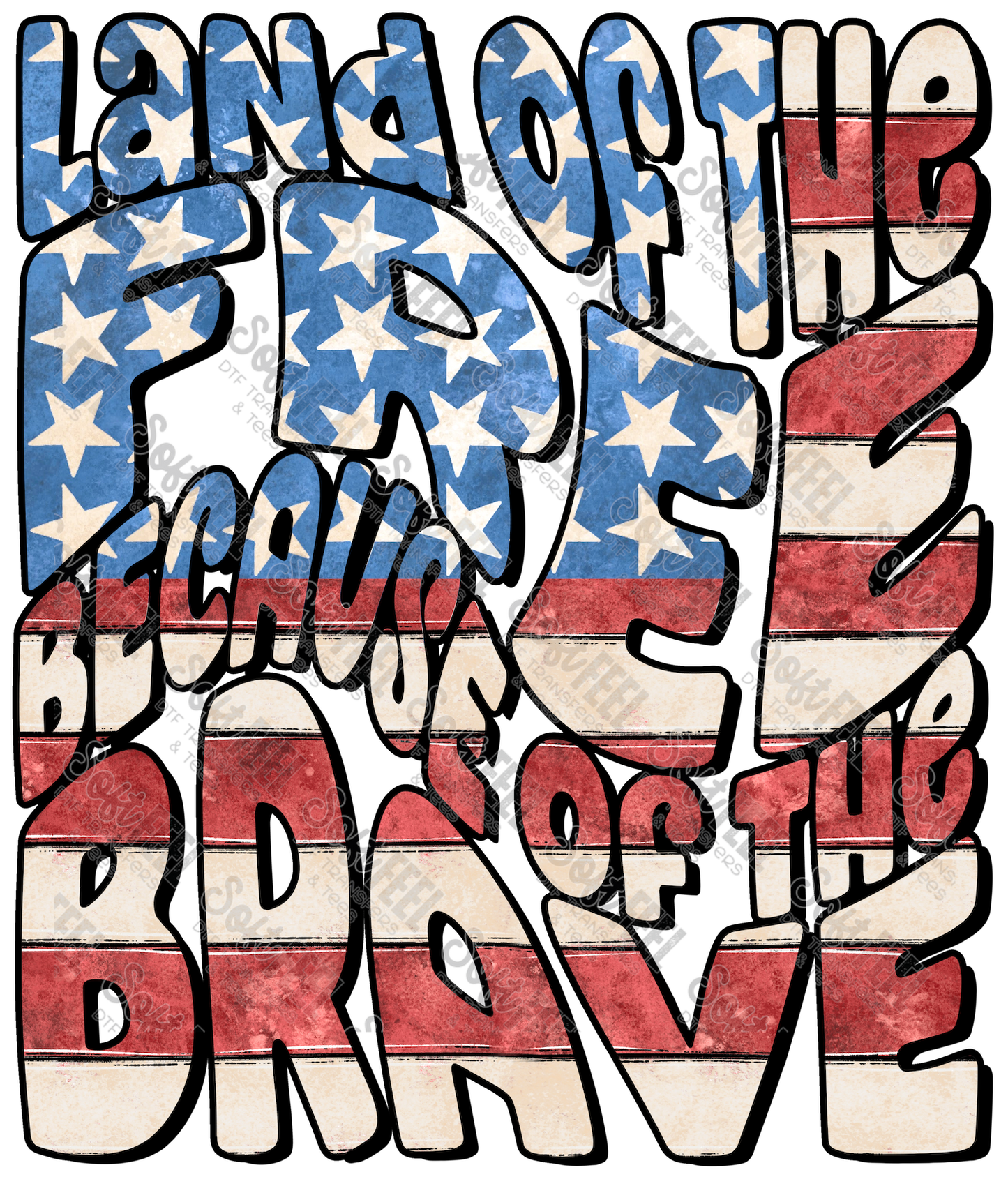 Land of the Free Because of the Brave Retro Wavy Font - Patriotic / Retro - Direct To Film Transfer / DTF - Heat Press Clothing Transfer