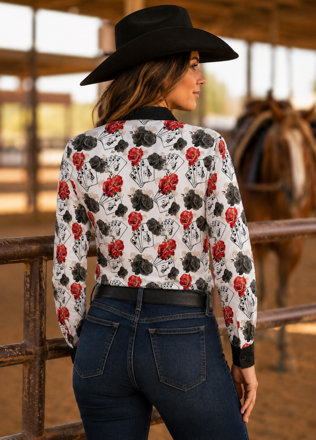 The Ace Of Roses Satin Button Up Rodeo Shirt Blouse