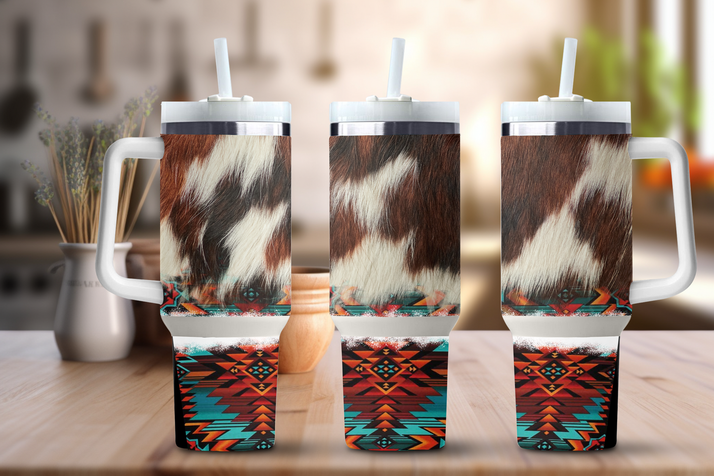 Cowhide Aztec Hide Western Themed 40 oz. Stainless steel tumblers