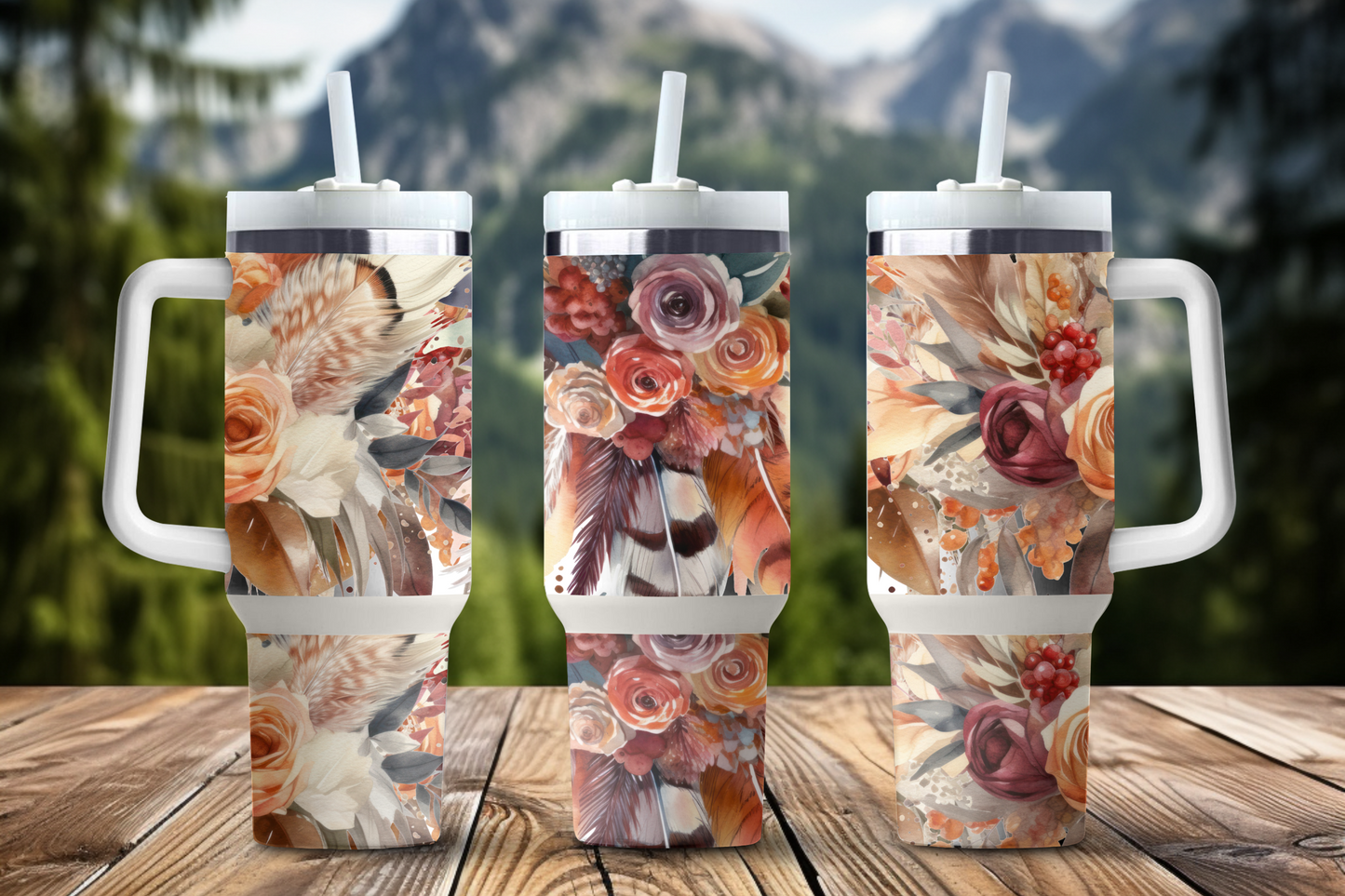 Feathers and Flora Themed 40 oz. Stainless steel tumbler