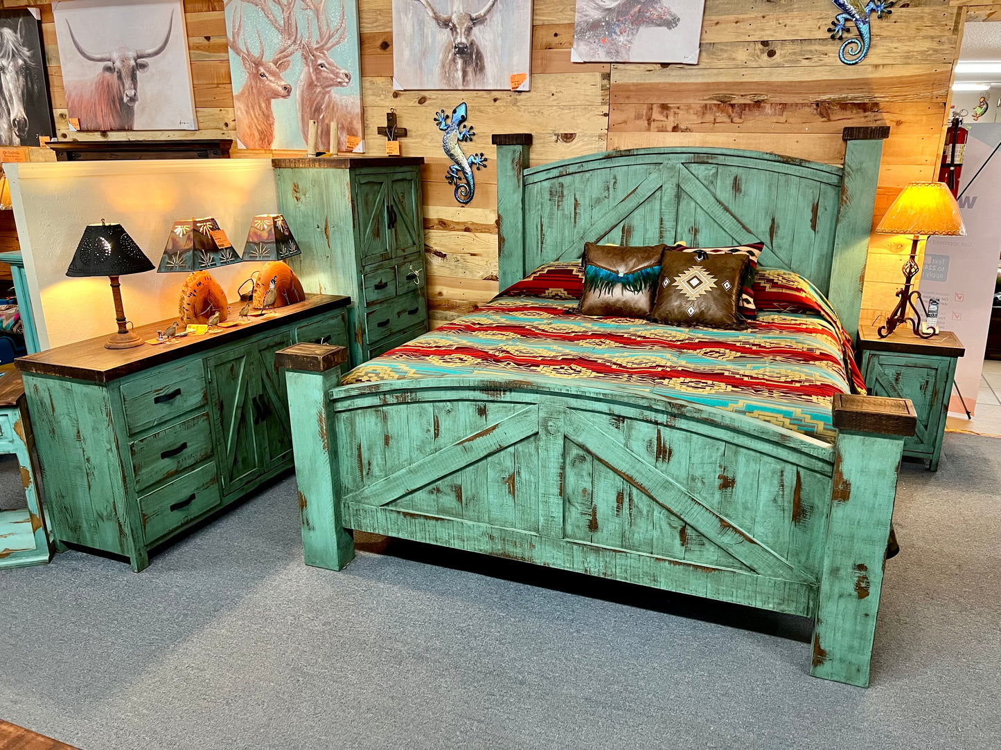 Rustic Barn Bedroom Set in Oldie Turquoise 5Pcs