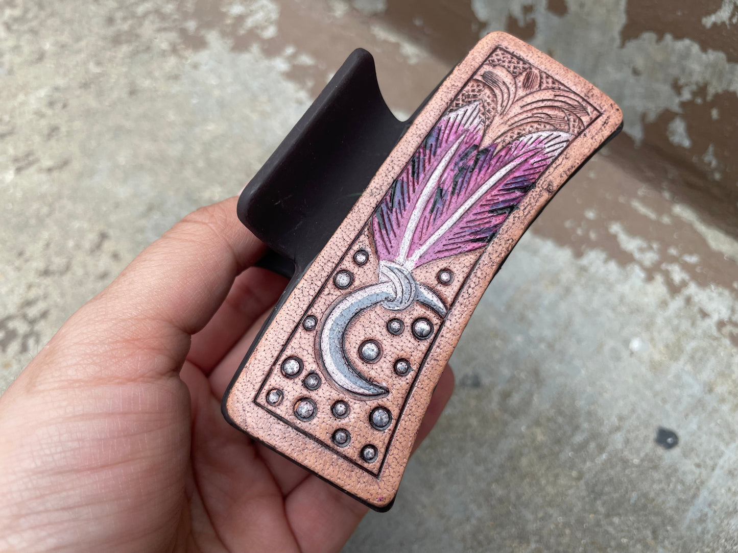 Pink Feathers Tooled Leather Hair Claw Clips 4”