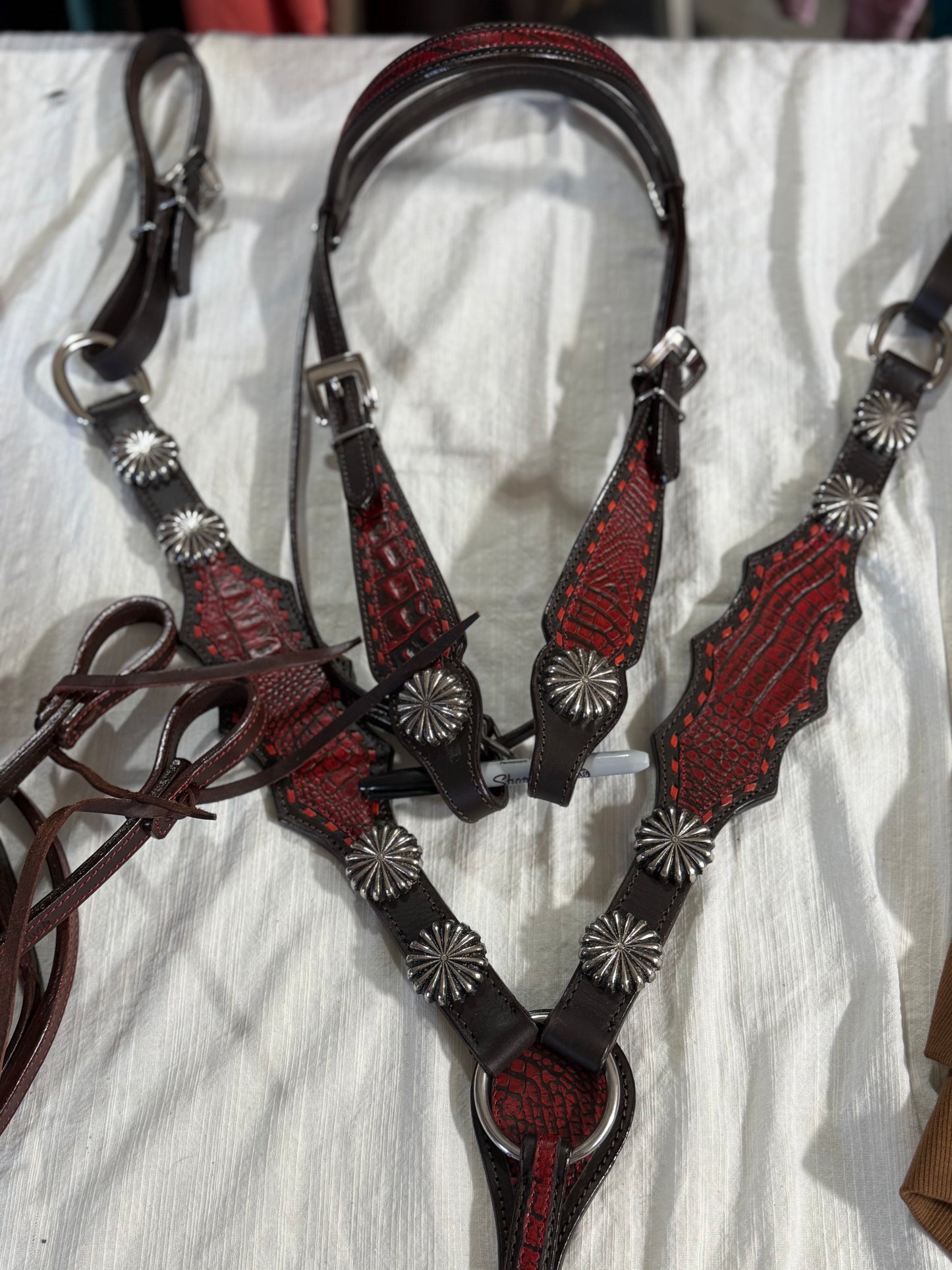 Crimson Red Genuine Leather Brow Band and Breast Collar Tack Set With FREE genuine leather split reins !