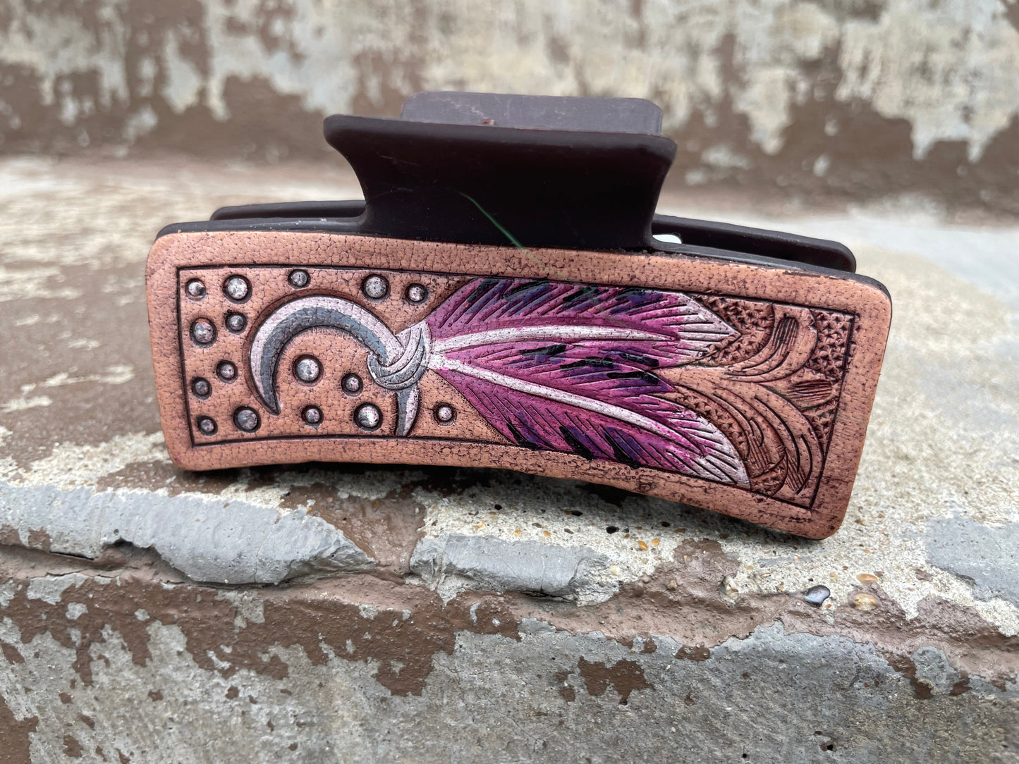 Pink Feathers Tooled Leather Hair Claw Clips 4”
